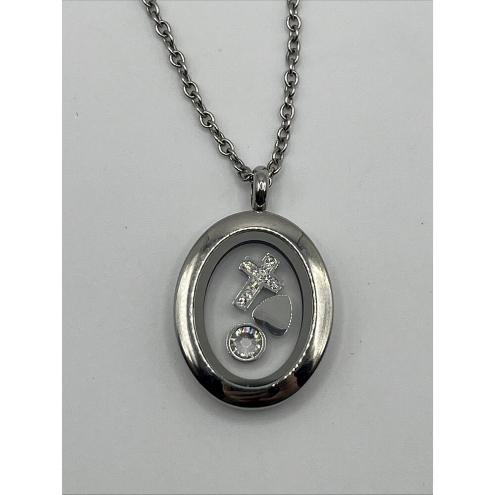 Floating Glass Oval Pendant Rhinestone Cross Heart Charms Silver Tone Modern